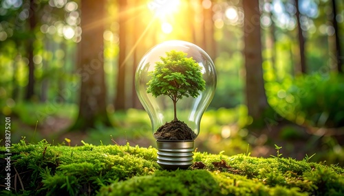 Tree sprouts in a lightbulb, nestled in moss, sunbeams through trees, suggesting eco-conscious energy