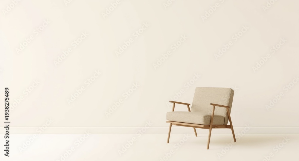 Fototapeta premium Contemporary interior with a single armchair and a clean cream backdrop