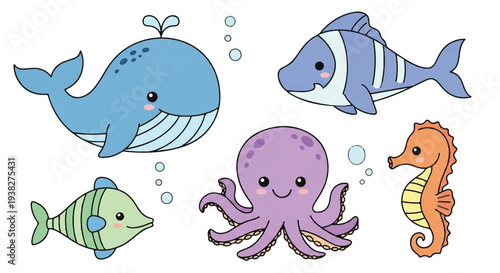 A colorful illustration of various cartoon sea creatures including a whale, fish, and octopus in an underwater scene
