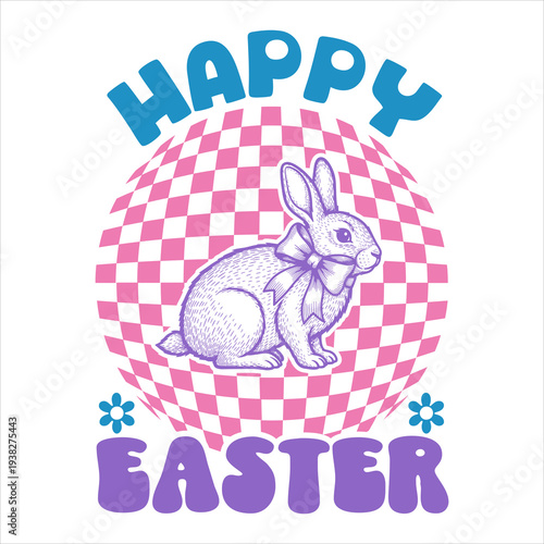 Happy Easter Typography with Cute Bunny and Checkered Circle Illustration