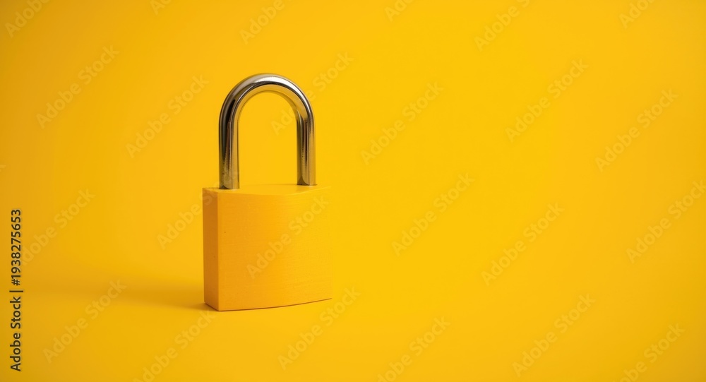 Fototapeta premium Online safety concept with yellow padlock on intense yellow backdrop highlighting digital protection