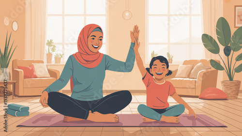 Woman and child in hijab and casual wear high five during yoga practice on purple mat in living room with beige furniture and plants