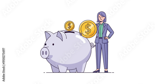 Businessman Standing with Piggy Bank and Coins.