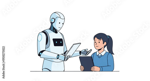 Robot assisting a young student with a digital tablet in a modern educational setting