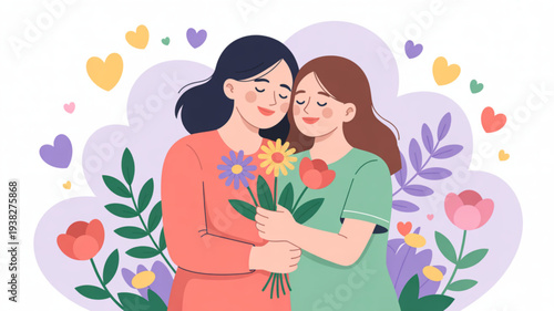 Two women hugging with flowers and hearts symbolizing love and friendship in a colorful floral background