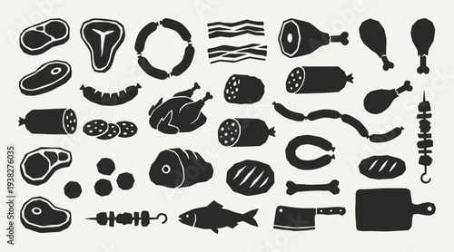 Meat silhouette collection. Black icons set - steak, sausages, bacon strips, roast chicken, salami, fish, barbecue skewer, cutting board. Vector linocut style minimalist design elements.
