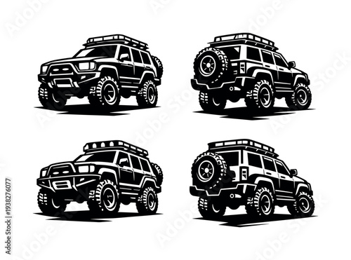 Black and white off-road vehicle illustration set featuring four suv silhouettes