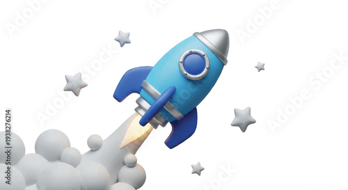 A blue rocket ship launches into the sky surrounded by stars and clouds from a low-angle viewpoint