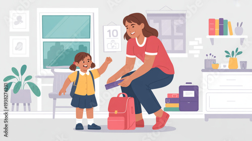 Mother helping daughter prepare for school with backpack and lunchbox in modern home interior