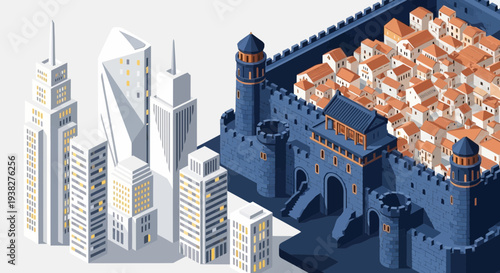 Illustration of Castle and Modern Skyscrapers.
