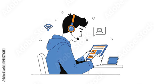 A young man wearing headphones works on a laptop in a modern office environment viewed from the side.