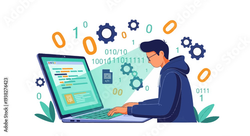Man coding on laptop with binary code.