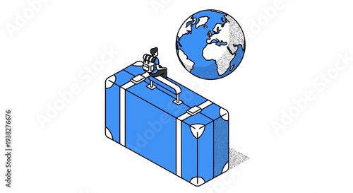 Man Standing on Suitcase with Globe.