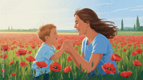 Mother and son playing together in a vibrant field of red poppies on a sunny day with blue sky