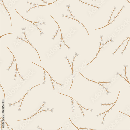 Seamless pattern with pussy willow branches on soft beige background. Minimal botanical spring texture with willow twigs and catkins. Natural Easter decoration pattern in pastel colors.