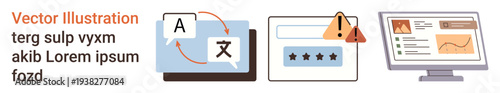 Language tools, cybersecurity systems, monitoring analytics, online services, translation software, data insights. Image showing language conversion, warning icons analytical dashboard. Language