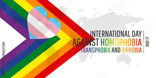 International Day Against Homophobia, Transphobia and Biphobia template with pride flag on world map background