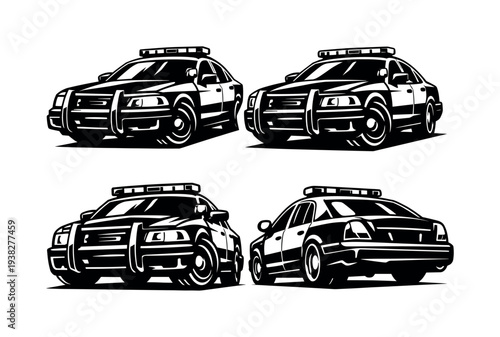 Black and white police car vector set with front and rear views