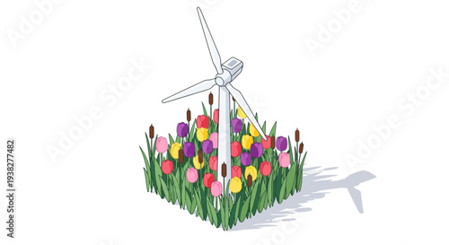 Wind Turbine Surrounded by Colorful Tulips.