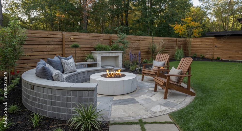 Fototapeta premium Contemporary outdoor lounge with gabion round bench, wooden chairs, and garden landscaping for fireplace relaxation