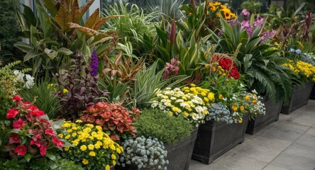 Colorful botanical arrangement in planters with ample space for text and logos