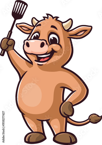 Cartoon cow mascot holding a spatula
