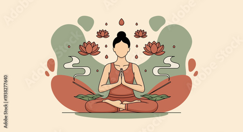 Woman Meditating in Lotus Position with Flowers.