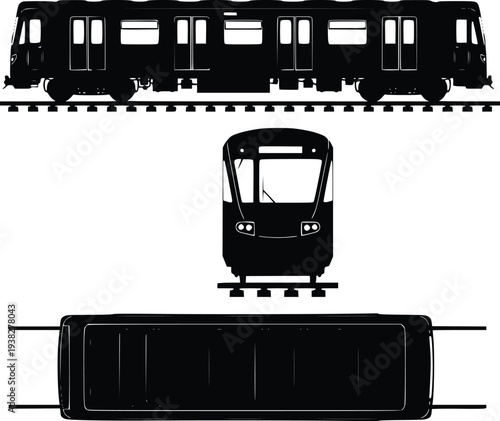 Black tram train vector illustration, flat design, side and front view, scalable graphic