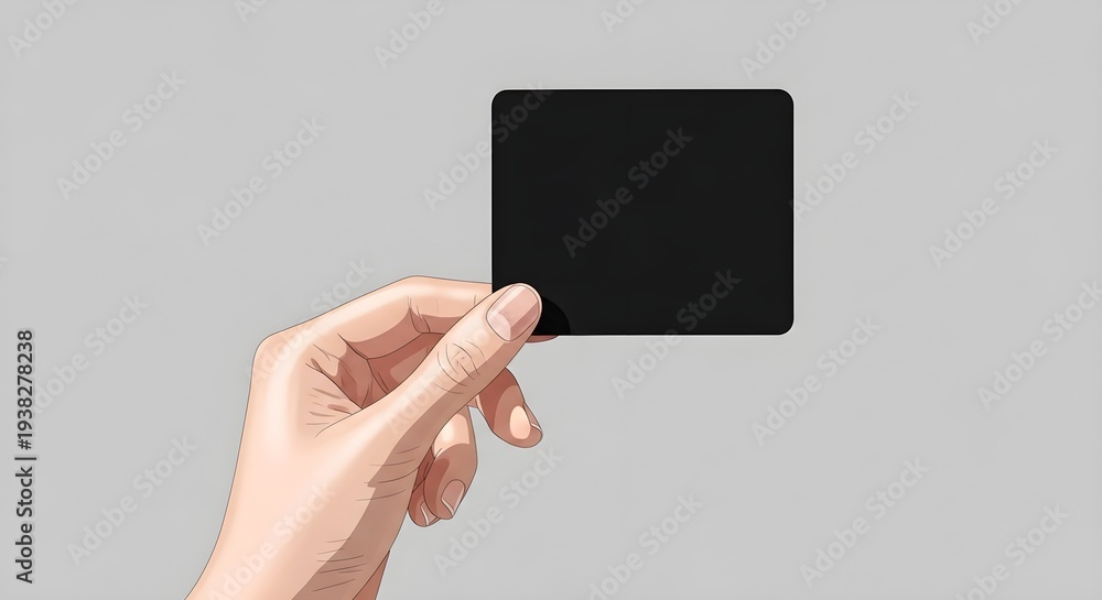 Obraz premium Hand holding blank black card on gray background, empty template for design or advertising, mockup for text or image