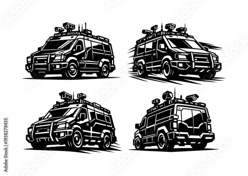 Vector black and white illustration of armored vehicles in various angles silhouette style
