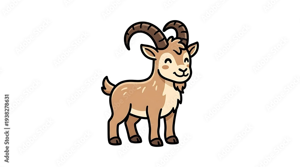 Fototapeta premium Cartoon Goat with Curved Horns Standing.