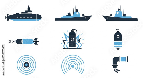 Submarine Icons Set Naval Vessel Graphics.