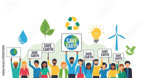 Diverse group of people holding signs to save the earth with eco-friendly symbols around them in a vibrant illustration