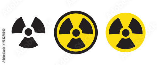 Radiation Hazard Icons Set – Radioactive Warning Symbols in Black and Yellow Circle for Nuclear Danger, Radiation Risk and Safety Sign Indicators