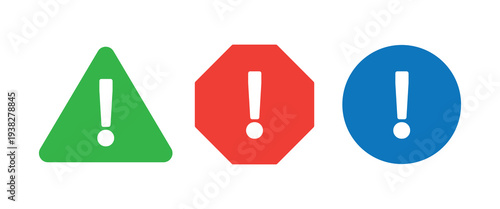Colored Warning Exclamation Icons Set – Green Triangle, Red Octagon and Blue Circle Alert Symbols for Safety Signs, Hazard Warnings, Notifications and UI Indicators