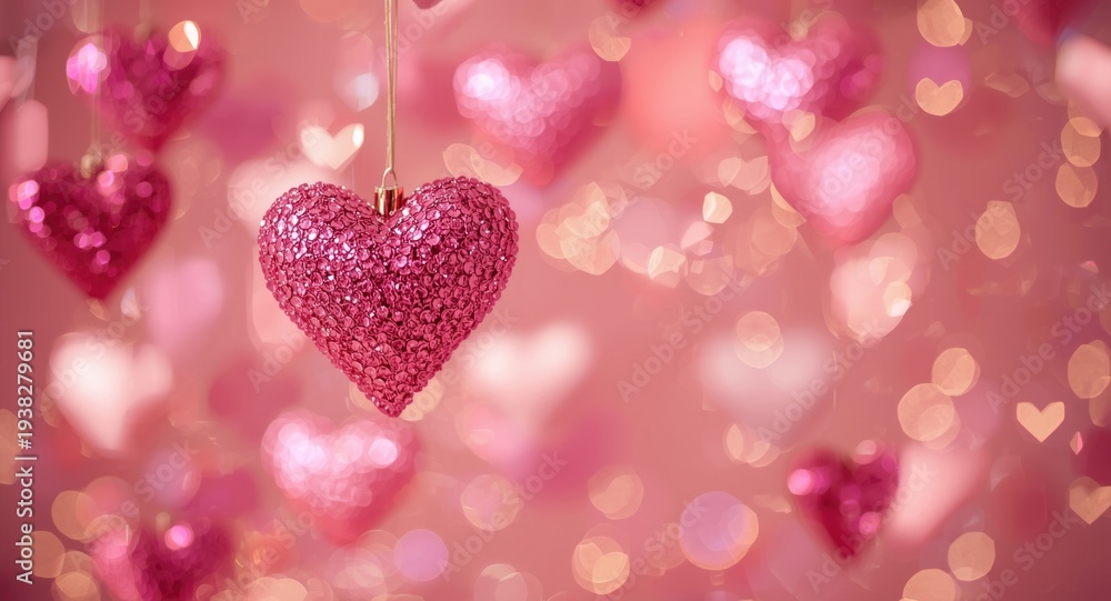 Obraz premium Charming Valentine's Day vibe with sparkling pink and gold heart shaped bokeh decorations