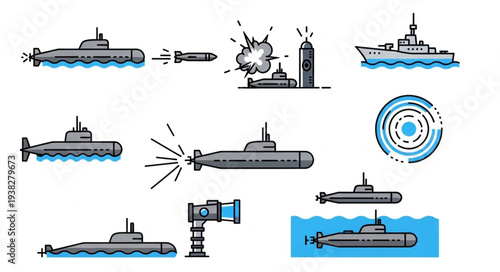 Submarine Silhouette Illustration Set.