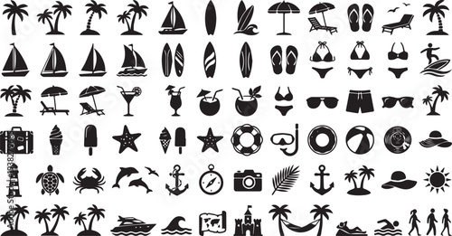 Tropical Beach Vacation Icons Set – Summer Travel Silhouette Collection