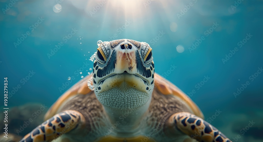Fototapeta premium Delighted Hawksbill turtle making toothy expression in sharp close up