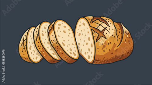 Freshly Baked Sourdough Bread Loaf Sliced on Dark Background.