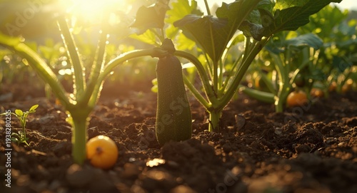 Zucchini growing energetically under warm sunlight in a vegetable garden with fresh fruit and vegetable varieties for healthy cooking