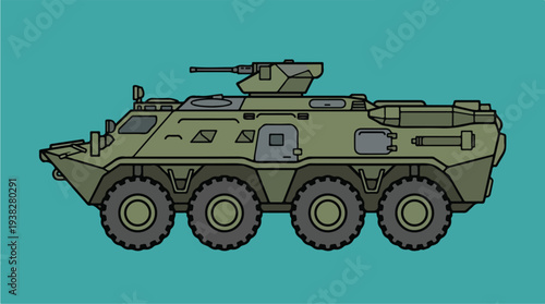 Green Armored Military Vehicle with Turret and Wheels.