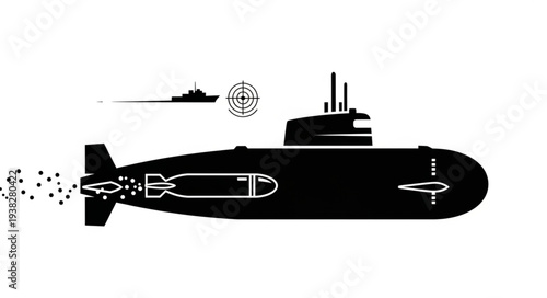 Submarine Underwater Military Silhouette Illustration.