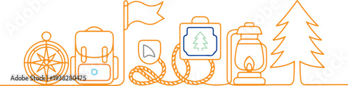orange line icons of camping and traveling equipment on white background