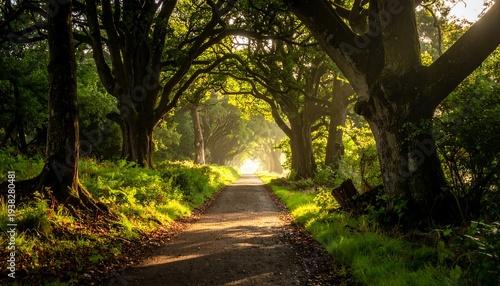 Tree tunnel over road, with dappled sunlight filtering through leaves creating a serene path into the distance