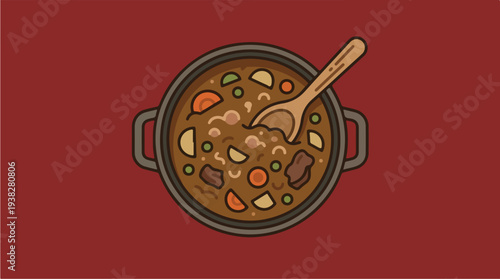 Hearty Beef Stew in a Pot with Wooden Spoon.