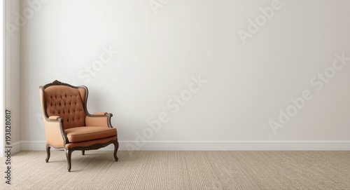 Contemporary minimalist interior with antique armchair and carpeted floor