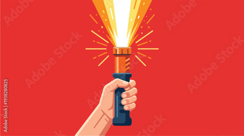 Hand holding a bright glowing flashlight with sparks on red background.