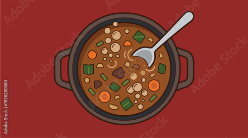 Hearty Vegetable Stew in a Pot with Spoon.