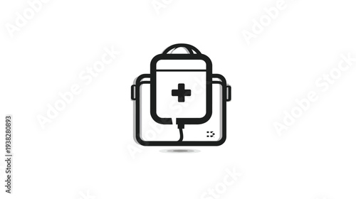 A medical illustration of an IV bag with a plus sign, a shadow, black & white, and outline style